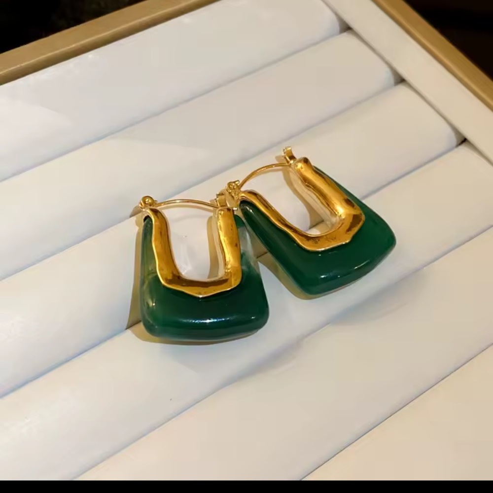 Anthropologie Casa Clara Andy Earrings Jade green stone gold hoop - Picture 2 of 9